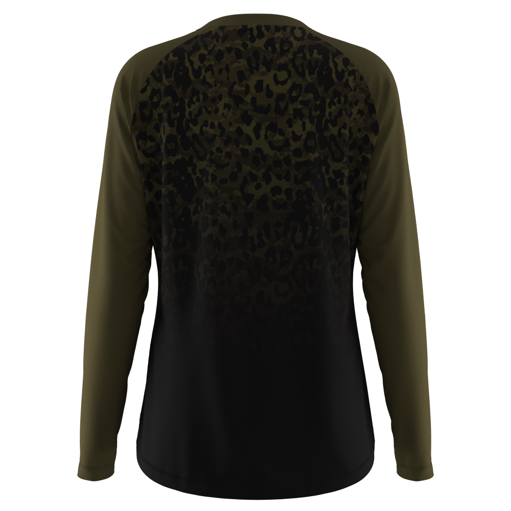 womens mountain bike top in khaki animal print