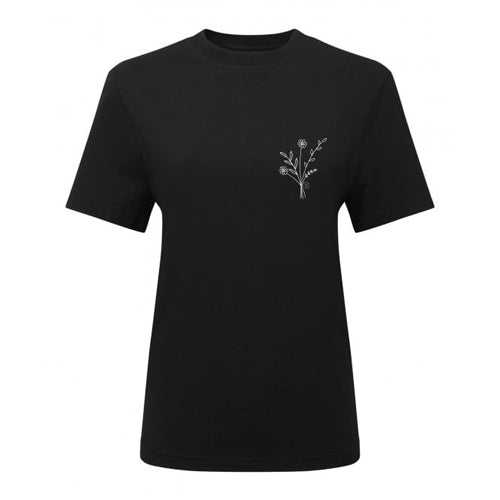 women's baggy T-shirt in black with wild flower placement print on front chest