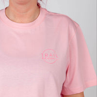 ladies pink t-shirt with large flower print on back