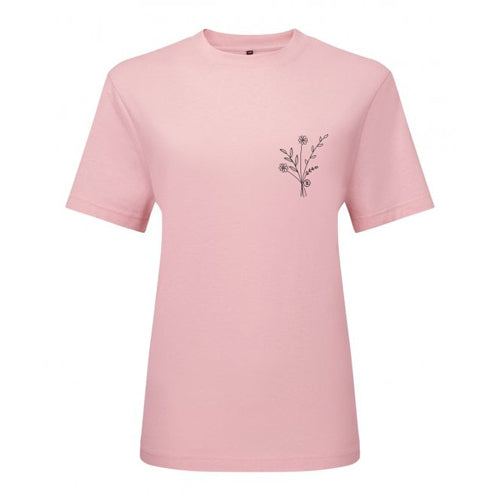 women's baggy T-shirt in pink with wild flower placement print on front chest