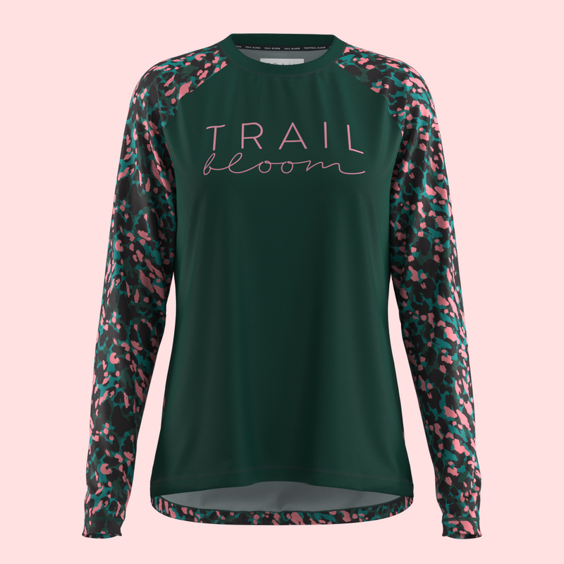 womens mountain bike top in green animal print